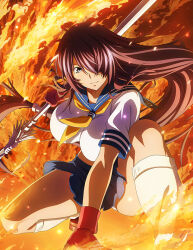 Rule 34 | 1girl, blue sailor collar, blue skirt, breasts, breasts apart, brown footwear, brown hair, closed mouth, collared shirt, fingerless gloves, fire, floating hair, gloves, grey eyes, hair over one eye, holding, holding polearm, holding weapon, ikkitousen, impossible clothes, kan&#039;u unchou, large breasts, loafers, long hair, looking at viewer, low-tied long hair, midriff, miniskirt, neckerchief, on one knee, pleated skirt, polearm, red gloves, sailor collar, sailor shirt, shirt, shoes, short sleeves, skirt, socks, solo, very long hair, weapon, white shirt, white socks, yellow neckerchief