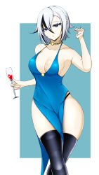 Rule 34 | 1girl, arlecchino (genshin impact), bare shoulders, black hair, black thighhighs, blue background, blue dress, blue eyes, border, breasts, cleavage, commentary, cup, dress, drinking glass, english commentary, genshin impact, grey hair, highres, holding, holding cup, jewelry, medium breasts, multicolored hair, necklace, side slit, sleeveless, sleeveless dress, solo, streaked hair, symbol-shaped pupils, thighhighs, two-tone hair, white (user udep3524), white border, wine glass, x-shaped pupils