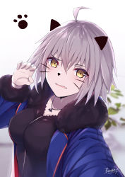 Rule 34 | 1girl, ahoge, animal ears, bee doushi, black shirt, blue jacket, blush, breasts, cape, cat ears, cat paw, commentary request, facial mark, fake animal ears, fang, fate/grand order, fate (series), fur-trimmed cape, fur collar, fur trim, grey hair, highres, jacket, jeanne d&#039;arc (fate), jeanne d&#039;arc alter (fate), jeanne d&#039;arc alter (ver. shinjuku 1999) (fate), jewelry, large breasts, looking at viewer, necklace, official alternate costume, selfie, shirt, short hair, signature, solo, yellow eyes
