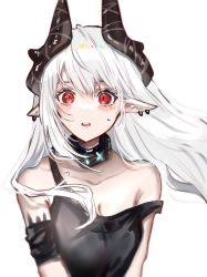 Rule 34 | 1girl, arknights, armband, black armband, black horns, black tank top, blush, breasts, cleavage, collar, collarbone, commentary, ear piercing, female focus, gawako, highres, horns, infection monitor (arknights), large breasts, long hair, looking at viewer, material growth, mudrock (arknights), mudrock (elite ii) (arknights), open mouth, oripathy lesion (arknights), piercing, pointy ears, red eyes, simple background, solo, strap slip, sweatdrop, tank top, teeth, upper teeth only, white background, white hair