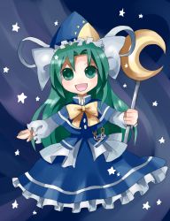 Rule 34 | 1girl, :d, bow, bowtie, capelet, chain, chibi, dress, female focus, ghost tail, green eyes, green hair, hat, highres, long hair, matching hair/eyes, mima (touhou), no legs, open mouth, ribbon, smile, solo, staff, star (symbol), sun symbol, touhou, touhou (pc-98), uiru, wizard hat