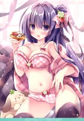 Rule 34 | 1girl, absurdres, black thighhighs, blush, bow, bow bra, bow panties, bra, breasts, cleavage, dessert, eating, food, frilled bra, frilled panties, frills, fruit, hair bun, hair intakes, hair ornament, highres, holding, holding food, kneeling, large breasts, light particles, long hair, looking at viewer, nanaroba hana, navel, nightgown, off shoulder, open clothes, open mouth, original, panties, pink bra, pink nightgown, pink panties, plaid, plaid bra, plaid panties, purple eyes, purple hair, single side bun, solo, sparkle, strawberry, streamers, stuffed animal, stuffed dog, stuffed toy, thighhighs, underwear