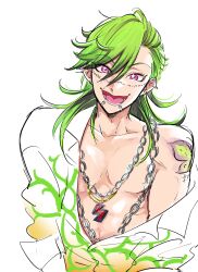 Rule 34 | 1boy, bucchigiri, butterfly tattoo, chain necklace, collarbone, ear piercing, half updo, happy, highres, jewelry, lbar f, lip piercing, looking at viewer, male focus, marito jin, mouth piercing, multicolored hair, multiple piercings, necklace, no nipples, off shoulder, open mouth, piercing, pink eyes, shirt, simple background, smile, solo, spiked ear piercing, streaked hair, tattoo, upper body, white background