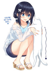 Rule 34 | 1girl, :d, animal, black hair, blue eyes, blue shorts, blue tank top, blush, brown footwear, butterfly hair ornament, cat, commentary request, full body, hair between eyes, hair ornament, hard-translated, highres, holding, holding animal, jacket, komori kuzuyu, long sleeves, longcat (meme), meme, open mouth, original, puffy long sleeves, puffy sleeves, rivier (kuzuyu), sandals, see-through, short shorts, shorts, sidelocks, simple background, smile, solo, squatting, tank top, third-party edit, toenails, translated, white background, white cat, white jacket