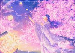 Rule 34 | 1girl, covered eyes, covering face, floating hair, flower, from side, halo, hands up, japanese clothes, kimono, lantern, long hair, long sleeves, original, petals, pink flower, purple hair, purple kimono, purple theme, sky, solo, star (sky), starry sky, wacca005, wide sleeves