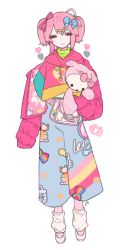 Rule 34 | 1girl, alternate costume, arm at side, blue pants, blue ribbon, closed eyes, closed mouth, coat, colorful, commentary, facing viewer, fanny pack, flat chest, full body, hair between eyes, hair ornament, hair ribbon, hairclip, happy, heart, heart print, hello kitty, hello kitty (character), holding, holding stuffed toy, hood, hood down, hoodie, kaname madoka, legs together, loose socks, mahou shoujo madoka magica, mahou shoujo madoka magica (anime), no nose, open clothes, open coat, pants, pink coat, pink hair, pink hoodie, pink ribbon, ribbon, sanrio, shoes, simple background, sleeves past fingers, sleeves past wrists, smile, socks, solo, striped clothes, striped pants, stuffed animal, stuffed pig, stuffed toy, symbol-only commentary, turtleneck, twintails, u emper, white background, white footwear, white ribbon, white socks, x hair ornament