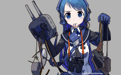 Rule 34 | 1girl, adapted costume, adapted turret, binoculars, black gloves, blue eyes, blue hair, cannon, commentary request, duct tape, duplicate, gloves, gradient hair, grey background, gun, id card, kantai collection, long hair, multicolored hair, pixel-perfect duplicate, pliers, samidare (kancolle), school uniform, serafuku, shikishima fugen, solo, swept bangs, tactical clothes, turret, twitter username, undershirt, upper body, very long hair, weapon