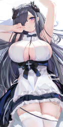 Rule 34 | 1girl, absurdres, apron, armpits, august von parseval (azur lane), august von parseval (the conquered unhulde) (azur lane), azur lane, black dress, blush, bow, bowtie, breasts, curled horns, dress, garter straps, gluteal fold, hair over one eye, highres, horns, large breasts, long hair, looking at viewer, lshiki, lying, maid, maid headdress, mechanical horns, official alternate costume, on back, panties, panty peek, parted lips, purple eyes, purple hair, sleeveless, solo, thighhighs, underwear, very long hair, white apron, white dress, white thighhighs