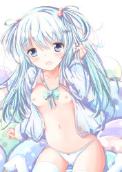 Rule 34 | 1girl, blue eyes, blue panties, blue shirt, blush, bow, bow panties, breasts, cameltoe, collarbone, collared shirt, dress shirt, green bow, green hair, hair between eyes, hair bobbles, hair ornament, hand in own hair, hand up, long hair, long sleeves, navel, nipples, no shoes, open clothes, open mouth, open shirt, original, panties, shihou haru, shirt, sitting, sleeves past wrists, small breasts, solo, thighhighs, two side up, underwear, very long hair, wariza, white thighhighs