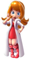 Rule 34 | absurdres, blue eyes, bodycon, boots, coat, dress, full body, highres, long hair, looking at viewer, mona (warioware), nail polish, nintendo, open mouth, orange hair, red dress, red footwear, red nails, smile, transparent background, warioware, white coat