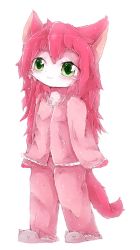 Rule 34 | 1girl, alternate costume, animal ears, cat busters, cat ears, cat tail, female focus, furry, furry female, green eyes, neko hakase (cat busters), no humans, pajamas, pink hair, solo, tail, wa hito uppe