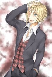 Rule 34 | 1boy, arm up, black pants, blonde hair, blue eyes, checkered clothes, collared shirt, commentary request, dress shirt, formal, grey jacket, hair between eyes, hand in own hair, hand on own head, jacket, long sleeves, looking at viewer, lower teeth only, medium bangs, medium hair, messy hair, one eye closed, open clothes, open jacket, open mouth, pants, shin (highest1192), shirt, slit pupils, smile, solo, suit, teeth, toaru majutsu no index, toaru majutsu no index: new testament, upper body, utgard-loki, waistcoat, white shirt