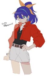 Rule 34 | 1girl, belt, black shirt, blue eyes, bow, bracelet, hair between eyes, hair bow, hand on own hip, highres, jacket, jewelry, open clothes, open jacket, ponytail, purple hair, red jacket, serena (yu-gi-oh!), shirt, skirt, solo, sunanogimo, white background, yellow bow, yu-gi-oh!, yu-gi-oh! arc-v