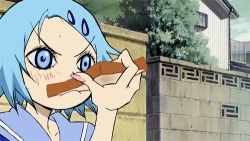 Rule 34 | 1girl, amagane rinne, animated, animated gif, blue eyes, blue hair, eating, happy, hells, hells angels, lowres, matching hair/eyes, smile, solo