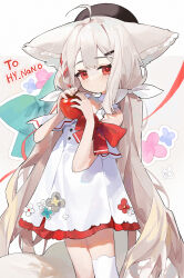 Rule 34 | ahoge, animal ear fluff, animal ears, apple, asymmetrical legwear, bare shoulders, black beret, black hat, bow, bowtie, braid, brown background, closed mouth, collar, collarbone, commission, cowboy shot, dress, floral print, food, fox ears, fox girl, fox tail, from side, fruit, hair between eyes, hair ornament, hairclip, hands up, hat, head tilt, highres, holding, holding food, holding fruit, large ears, large tail, long hair, looking at viewer, low twintails, measho, off-shoulder dress, off shoulder, original, red bow, red eyes, red ribbon, ribbon, sakurada shiro (autumn lite) (hy plus), sakurada shiro (hy plus), short dress, side braid, single thighhigh, skeb commission, standing, tail, thank you, thighhighs, twintails, uneven legwear, very long hair, white background, white bow, white collar, white dress, white hair, white thighhighs