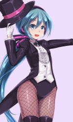 Rule 34 | 1girl, :d, aqua hair, bad id, bad pixiv id, black hat, black pantyhose, blue eyes, brown thighhighs, fishnet pantyhose, fishnets, formal, gloves, hat, hatsune miku, long hair, looking at viewer, miracle paint (vocaloid), open mouth, out of frame, pantyhose, ponytail, project diva, project diva (series), shimo (depthbomb), smile, solo, standing, suit, thighhighs, vest, vocaloid, white gloves