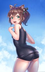 Rule 34 | ahoge, animal ear fluff, animal ears, ass, backpack, bag, bare arms, bare shoulders, black one-piece swimsuit, blue sky, blush, brown eyes, cat ears, child, cloud, cloudy sky, cowboy shot, day, hair between eyes, highres, hololive, joeychen, looking at viewer, masuri channel, natsuiro matsuri, one-piece swimsuit, outdoors, pink bag, randoseru, school swimsuit, sky, swimsuit, teeth, upper teeth only, virtual youtuber