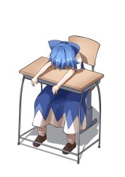Rule 34 | 1girl, blue dress, blue hair, bow, brown footwear, cirno, commentary request, desk, dress, face down, hair bow, head down, highres, loafers, outstretched arms, puffy short sleeves, puffy sleeves, resa 7z (resastr), school desk, shadow, shoes, short sleeves, simple background, sitting, socks, solo, spread legs, touhou, white background, white socks