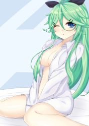 Rule 34 | 10s, 1girl, alternate eye color, black ribbon, blue eyes, breasts, buttons, chestnut mouth, cleavage, collarbone, dress shirt, eyebrows, green hair, hair between eyes, hair ornament, hair ribbon, hairclip, highres, kantai collection, king kouta, large breasts, leaning back, long hair, looking at viewer, naked shirt, one eye closed, parted lips, ponytail, ribbon, shirt, sitting, solo, v arms, wariza, white shirt, yamakaze (kancolle)