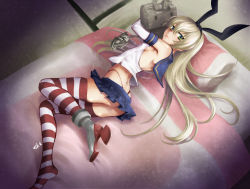 Rule 34 | 10s, 1girl, anchor, anchor hair ornament, ass, bare shoulders, bed, black panties, blonde hair, blush, breasts, elbow gloves, futon, gloves, green eyes, hair ornament, hair ribbon, hairband, highres, kantai collection, long hair, looking at viewer, lying, miniskirt, on side, panties, pantyshot, personification, petite, pillow, rensouhou-chan, ribbon, sailor collar, shimakaze (kancolle), shoukaki (earthean), sideboob, skirt, small breasts, solo, striped clothes, striped thighhighs, thighhighs, underwear, upskirt, white gloves