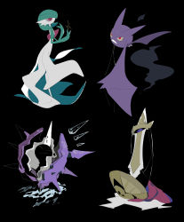 Rule 34 | 1girl, absurdres, aegislash, apios, bat (animal), black background, black sclera, bob cut, closed eyes, closed mouth, cloyster, colored sclera, colored skin, creatures (company), crobat, female focus, flat chest, from side, full body, game freak, gardevoir, gen 1 pokemon, gen 2 pokemon, gen 3 pokemon, gen 6 pokemon, green hair, green skin, hands up, happy, highres, looking at viewer, looking up, multicolored skin, nintendo, no mouth, one-eyed, pokemon, pokemon (creature), purple eyes, red eyes, shell, shield, short hair, simple background, slit pupils, smile, spikes, standing, sword, teeth, two-tone skin, weapon, white skin, yellow sclera