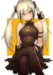 Rule 34 | armlet, bad id, bad pixiv id, crossed legs, destroyer (girls&#039; frontline), expressionless, girls&#039; frontline, gloves, hair between eyes, looking at viewer, pale skin, pantyhose, sangvis ferri, simple background, sitting, solo, tcg3318, twintails, white hair, yellow eyes