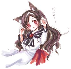 Rule 34 | 1girl, animal ears, bad id, bad pixiv id, blush, brooch, brown hair, embarrassed, fang, imaizumi kagerou, jewelry, kuromame (8gou), long hair, long sleeves, open mouth, red eyes, shirt, simple background, skirt, solo, touhou, translated, very long hair, white background, wide sleeves, wolf ears