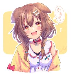 Rule 34 | 1girl, animal ears, blush, bone hair ornament, braid, breasts, brown hair, catchphrase, choker, commentary, dog ears, dog girl, dress, eyelashes, hair between eyes, hair ornament, head tilt, hololive, inugami korone, inugami korone (1st costume), ittokyu, jacket, looking at viewer, medium breasts, medium hair, musical note, off shoulder, open clothes, open jacket, open mouth, orange eyes, red choker, side braids, signature, sleeveless, sleeveless dress, smile, solo, speech bubble, translated, twin braids, upper body, virtual youtuber, white dress, yellow jacket