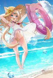 Rule 34 | 1girl, :d, animal ears, blonde hair, blue eyes, blue sky, blush, breasts, cat ears, cloud, dress, fangs, hair ornament, hat, hato haru, highres, innertube, looking at viewer, navel, no panties, ocean, open mouth, original, outdoors, sailor collar, sky, sleeveless, sleeveless dress, smile, solo, straw hat, swim ring, twintails, wading, white dress