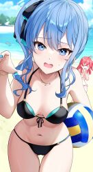 Rule 34 | &gt; &lt;, 2girls, absurdres, ahoge, ball, beach, beach volleyball, bikini, black bikini, blue eyes, blue hair, breasts, cloud, commentary request, day, hair between eyes, highres, holding, holding ball, hololive, hoshimachi suisei, jewelry, kudoukudokudo, long hair, looking at viewer, multiple girls, navel, necklace, ocean, open mouth, outdoors, pink hair, sakura miko, sand, side ponytail, small breasts, star (symbol), star in eye, stomach, swimsuit, symbol in eye, virtual youtuber, volleyball (object)