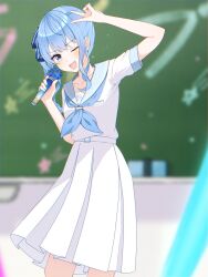 Rule 34 | 1girl, :d, arm up, belt, blue bow, blue eyes, blue neckerchief, blue sailor collar, blurry, blurry background, bow, chalkboard, classroom, cowboy shot, dot nose, hair bow, half updo, highres, holding, holding microphone, hololive, hoshimachi suisei, indoors, leaning to the side, legs apart, long hair, looking at viewer, microphone, music, neckerchief, one eye closed, open mouth, pleated skirt, sailor collar, school uniform, serafuku, shirt, shooting star, short sleeves, side ponytail, singing, skirt, sleeve cuffs, smile, solo, star (symbol), sukesan (user pyhe5555), v, virtual youtuber, white belt, white serafuku, white shirt, white skirt