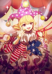 Rule 34 | 1girl, american flag dress, blonde hair, clownpiece, double v, embellished costume, fairy wings, hat, highres, jester cap, long hair, looking at viewer, neck ruff, no-kan, open mouth, petticoat, pink eyes, polka dot, smile, solo, sparkle, star (symbol), star print, striped, touhou, v, very long hair, wavy hair, wings