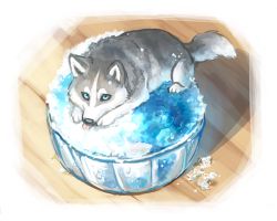 Rule 34 | animal focus, blue eyes, bowl, dog, food, ginziro, husky, ice, licking, looking up, lying, no humans, original, puppy, shaved ice