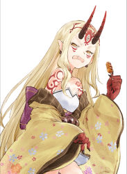 Rule 34 | 1girl, arm tattoo, bead belt, beads, black nails, blonde hair, collarbone, colored skin, dango, disgust, earrings, facial mark, fang, fate/grand order, fate (series), fingernails, floral print, food, holding, holding food, horns, ibaraki douji (fate), io (io oekaki), japanese clothes, jewelry, long fingernails, long hair, nail polish, neck tattoo, oni, oni horns, open mouth, pointy ears, red skin, sharp fingernails, simple background, sleeves past wrists, solo, standing, tattoo, third eye, wagashi, white background, wide sleeves