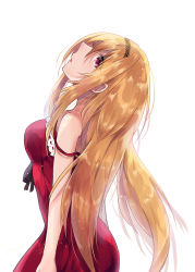 Rule 34 | 1girl, bare shoulders, blonde hair, commentary request, dress, from side, hairband, head tilt, highres, idolmaster, idolmaster cinderella girls, idolmaster cinderella girls starlight stage, kurosaki chitose, long hair, looking at viewer, nightgown, red eyes, sleeveless, sleeveless dress, solo, soubimonogatari507, spaghetti strap, strap slip, white background