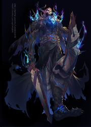 Rule 34 | 1boy, armor, black cloak, blue fire, cloak, fate/grand order, fate (series), fire, glowing, glowing eyes, highres, holding, holding weapon, horns, king hassan (fate), mask, open mouth, shield, shipl, skull, skull mask, solo, spikes, sword, torn cloak, torn clothes, weapon