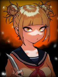 Rule 34 | 1girl, artist name, bags under eyes, black background, blonde hair, blue sailor collar, blunt bangs, blurry, blurry background, boku no hero academia, breasts, close-up, closed mouth, collarbone, commentary, double bun, eyeliner, hair bun, hair up, highres, holding, holding knife, knife, long sleeves, looking at viewer, makeup, medium breasts, messy hair, neckerchief, orange background, portrait, pursed lips, red neckerchief, sailor collar, sanpaku, school uniform, serafuku, shaded face, sidelocks, sleeves past wrists, slit pupils, solo, sweater, toga himiko, tomitacchi, upper body, yellow eyes, yellow sweater