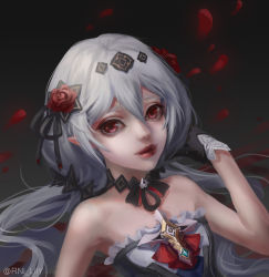 Rule 34 | 1girl, absurdres, anyuesama, bare shoulders, black dress, black gloves, choker, closed mouth, dress, flower, gloves, hair between eyes, hair flower, hair ornament, highres, honkai (series), honkai impact 3rd, horror (theme), lipstick, long hair, looking at viewer, makeup, petals, pointy ears, red eyes, red flower, red rose, rose, solo, theresa apocalypse, theresa apocalypse (luna kindred), twintails, vampire, white hair