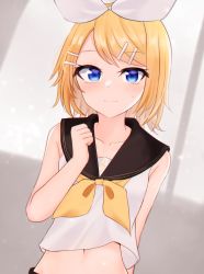 Rule 34 | 1girl, black sailor collar, black shorts, blonde hair, blue eyes, blush, bow, closed mouth, collarbone, commentary request, dakuazu, dutch angle, embarrassed, hair bow, hair ornament, hairclip, highres, kagamine rin, midriff, navel, neckerchief, sailor collar, shirt, short hair, shorts, sleeveless, sleeveless shirt, solo, stomach, sweatdrop, treble clef, vocaloid, white bow, white shirt, yellow neckerchief