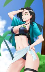 Rule 34 | 1girl, bikini, black bikini, black hair, blue shirt, blue sky, breasts, cleavage, collarbone, colt python, feet out of frame, forehead, girls&#039; frontline, girls&#039; frontline neural cloud, green eyes, gun, hair ornament, hairclip, hand on own hip, hand on own forehead, handgun, highres, holster, holstered, long hair, looking away, medium breasts, missileer, mole, mole under eye, nail polish, navel, open clothes, open mouth, open shirt, parted lips, python (girls&#039; frontline), revolver, shirt, short sleeves, simple background, sky, smile, solo, standing, stomach, swimsuit, teeth, thighs, weapon, yellow lips, yellow nails