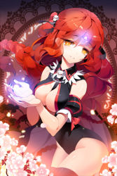 Rule 34 | 1girl, black thighhighs, braid, breasts, cape, chain, cherry blossoms, cleavage, detached sleeves, flower, gilse, hair ornament, hair ribbon, large breasts, leotard, long hair, lowres, mother demon (sword girls), nail polish, open mouth, orange eyes, red hair, ribbon, skull, skull hair ornament, smile, solo, sword girls, thighhighs, very long hair