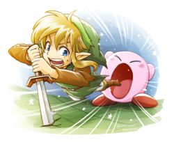 Rule 34 | 1boy, 1other, absorbing, blonde hair, blue eyes, copy ability, hat, kirby, kirby (series), link, long hair, male focus, nintendo, open mouth, pointy ears, sayoyonsayoyo, short hair, simple background, spoilers, sword, the legend of zelda, the legend of zelda: link&#039;s awakening, tunic, weapon