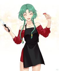 Rule 34 | 1girl, apple, apple slice, apron, ayamatazu, braid, commentary request, fate/grand order, fate (series), food, fruit, green hair, holding, holding knife, jewelry, kitchen knife, knife, long hair, low twin braids, nail polish, necklace, off shoulder, open mouth, purple nails, salome (fate), smile, solo, twin braids