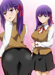 Rule 34 | 1girl, ass, black skirt, blush, breasts, brown vest, collared shirt, commentary request, fate/stay night, fate (series), hair ornament, hair ribbon, hara (harayutaka), highres, homurahara academy school uniform, large breasts, long hair, long sleeves, looking at viewer, matou sakura, open mouth, purple eyes, purple hair, purple ribbon, red ribbon, ribbon, school uniform, shirt, skirt, smile, solo, vest, white shirt