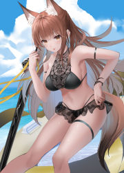 Rule 34 | 1girl, :p, absurdres, animal ear fluff, animal ears, arknights, arm strap, bare arms, bare shoulders, bikini, black bikini, blue sky, breasts, brown eyes, brown hair, cloud, day, feet out of frame, fox ears, fox tail, franka (arknights), hand up, highres, innertube, large breasts, long hair, looking at viewer, navel, sky, solo, sthk, stomach, swim ring, swimsuit, tail, thigh strap, thighs, tongue, tongue out, very long hair