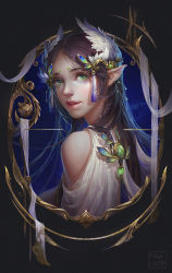 Rule 34 | 1girl, artist name, bare shoulders, braid, brown hair, dress, elf, eyelashes, feathered wings, forehead jewel, from side, gold, green eyes, head wings, headgear, highres, long hair, looking at viewer, miao lin, nose, original, parted lips, pink lips, pointy ears, realistic, side braids, smile, solo, tassel, teeth, upper body, white dress, white wings, wings