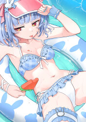 1girl :p aqua_nails bikini blue_bikini blue_hair blunt_bangs breasts bridal_garter collarbone commentary_request day food food_on_body food_on_breasts frilled_bikini frills front-tie_bikini_top front-tie_top hair_ribbon halterneck hand_up highres hikimayu holding holding_food holding_popsicle hololive innertube lying motoraku nail_polish navel official_alternate_costume official_alternate_hairstyle on_back on_innertube partially_submerged pink_ribbon popsicle rabbit-shaped_pupils red_eyes ribbon short_eyebrows short_hair side-tie_bikini_bottom small_breasts solo stomach swim_ring swimsuit symbol-shaped_pupils thick_eyebrows tongue tongue_out usada_pekora usada_pekora_(summer) virtual_youtuber water watermelon_bar wet white_bikini