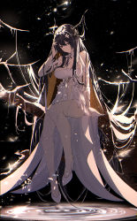 Rule 34 | 1girl, absurdly long hair, absurdres, azur lane, black background, black hair, branch, breasts, cleavage, dress, flower, full body, hair flower, hair on horn, hair ornament, hand in own hair, highres, indomitable (azur lane), large breasts, long dress, long hair, looking at viewer, re:rin, simple background, solo, very long hair, water, white dress, white flower