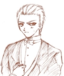 Rule 34 | 00s, 1boy, archer (fate), fate/stay night, fate (series), lowres, male focus, monochrome, necktie, short hair, simple background, solo, tuxedo, white hair