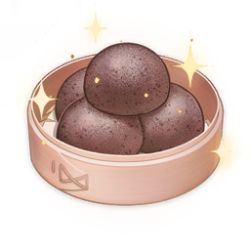 Rule 34 | artist request, bamboo steamer, bread bun, brown theme, commentary, english commentary, food, food focus, game cg, genshin impact, lowres, no humans, official art, simple background, sparkle, still life, third-party source, transparent background